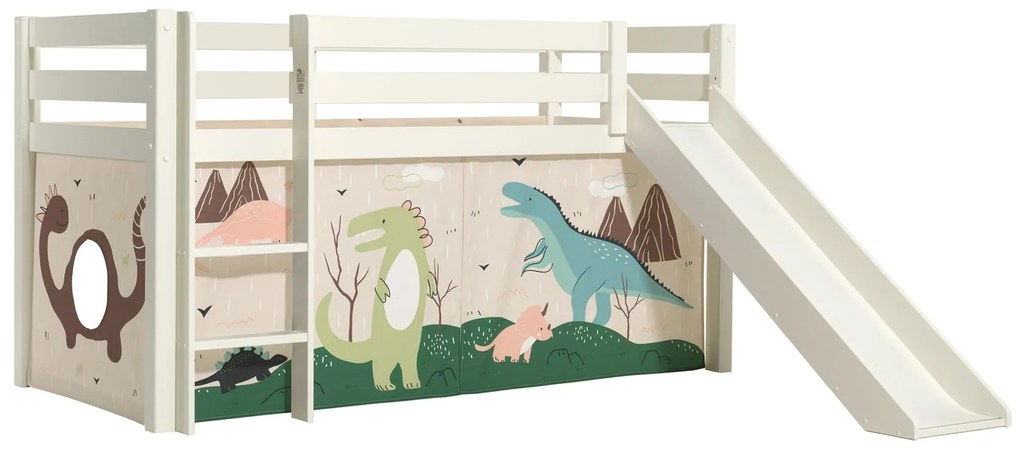 Cama alta de Criança PINO 90 x 200 cm + estrado + escada + escorrega + cortina Dinossauros Branca