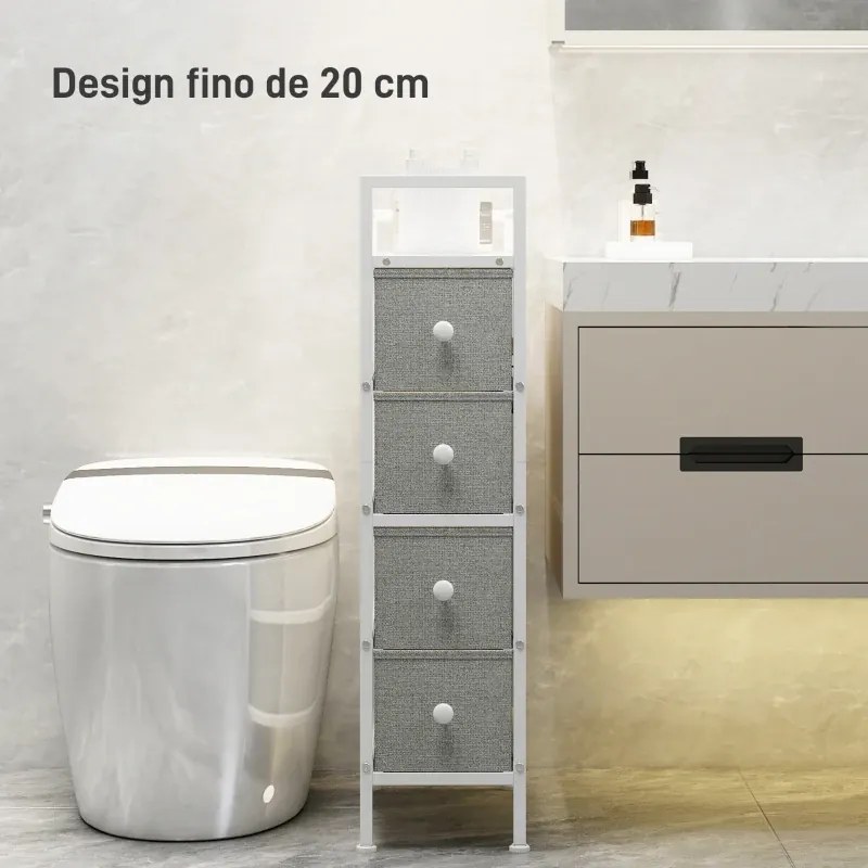 Móvel de Arrumação Estreito com 4 Gavetas de Tecido para Espaços Pequenos 20x43x81,5 cm Cinzento Claro