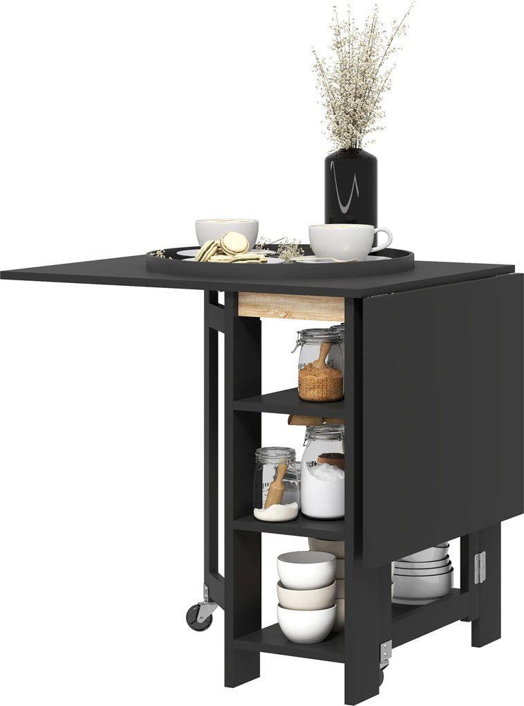 Mesa de cozinha e de jantar dobrável e desmontável 120 x 60 x 75 cm, com 3 prateleiras e 2 abas, design moderno, preta