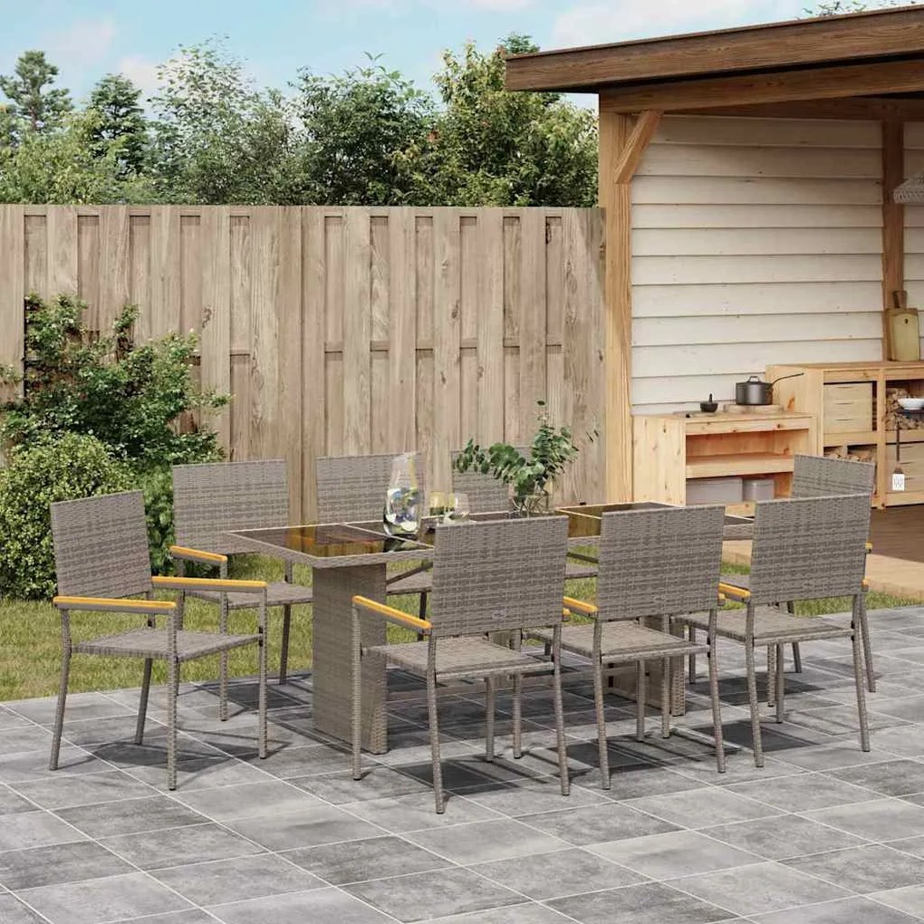 Conjunto de Jantar de Jardim vidaXL de 9 Peças Cinza Polyrattan