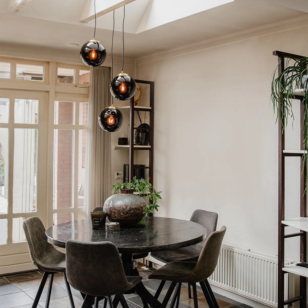 Candeeiro de suspensão Art Deco dourado com vidro preto 3 luzes - Pallon
