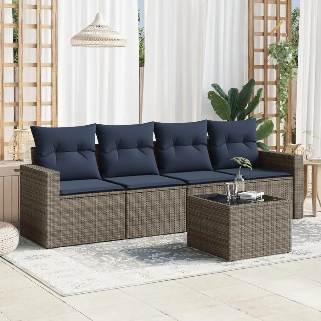 vidaXL 5 pcs conjunto sofás p/ jardim c/ almofadões vime PE cinzento