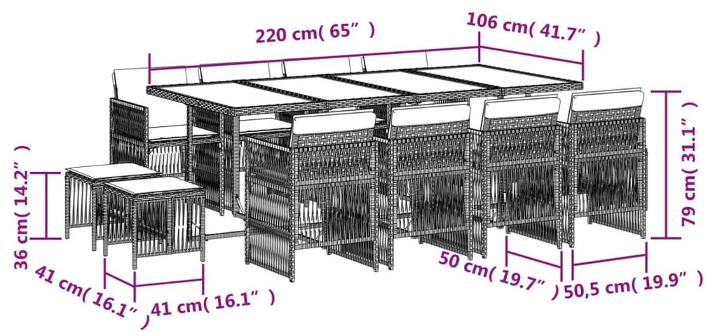 13 pcs conj. jantar jardim c/ almofadões vime PE bege misturado