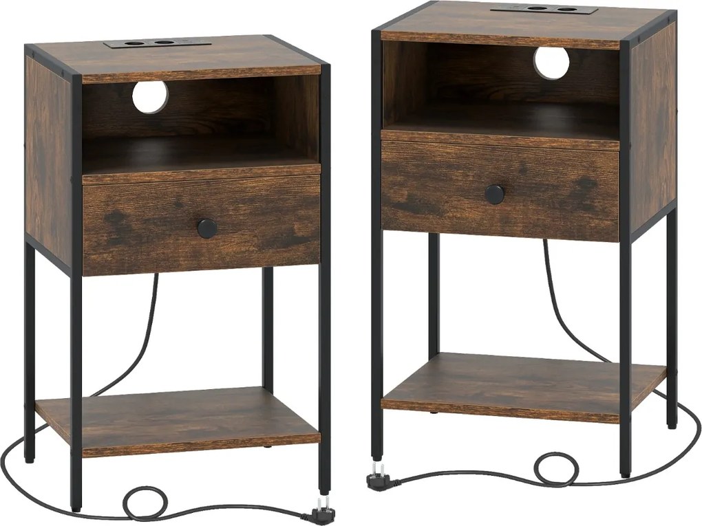 Conjunto de 2 mesas de cabeceira, mesas apoio 40 x 32 x 65 cm com Estação de carregamento, Compartimento aberto Gaveta Castanho Rústico
