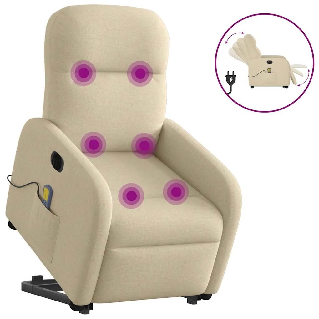vidaXL Poltrona elétrica elevatória massagens tecido creme