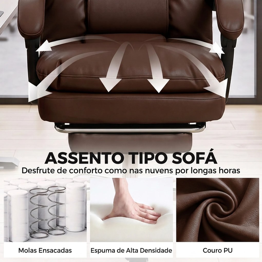 Cadeira de Escritório Ergonómica com Apoio para os Pés Molas Ensacadas Reclinável 155° Encosto Alto Apoio de Cabeça Castanho