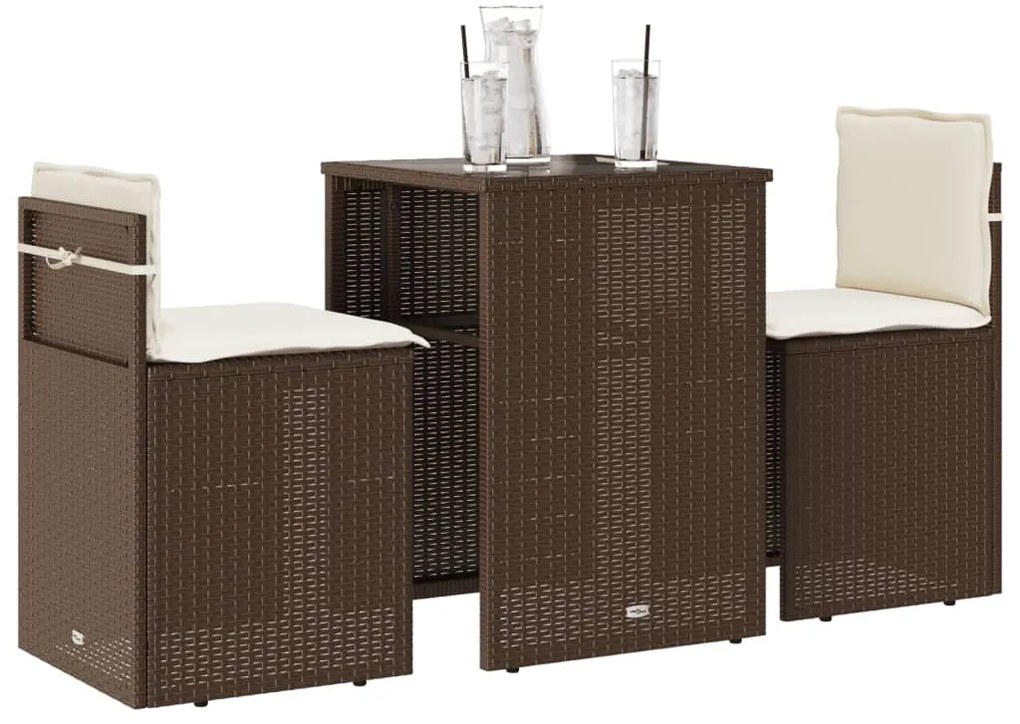 vidaXL 3 pcs conjunto bistrô com almofadões vime PE castanho