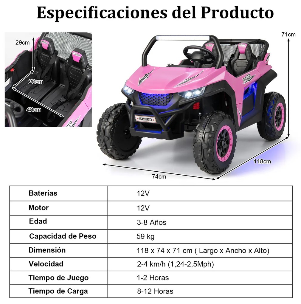 Carro elétrico de brincar UTV de 2 lugares com bateria de 12V para crianças com controlo remoto 2.4G Música de alta/baixa velocidade 3 a 8 anos 118 x