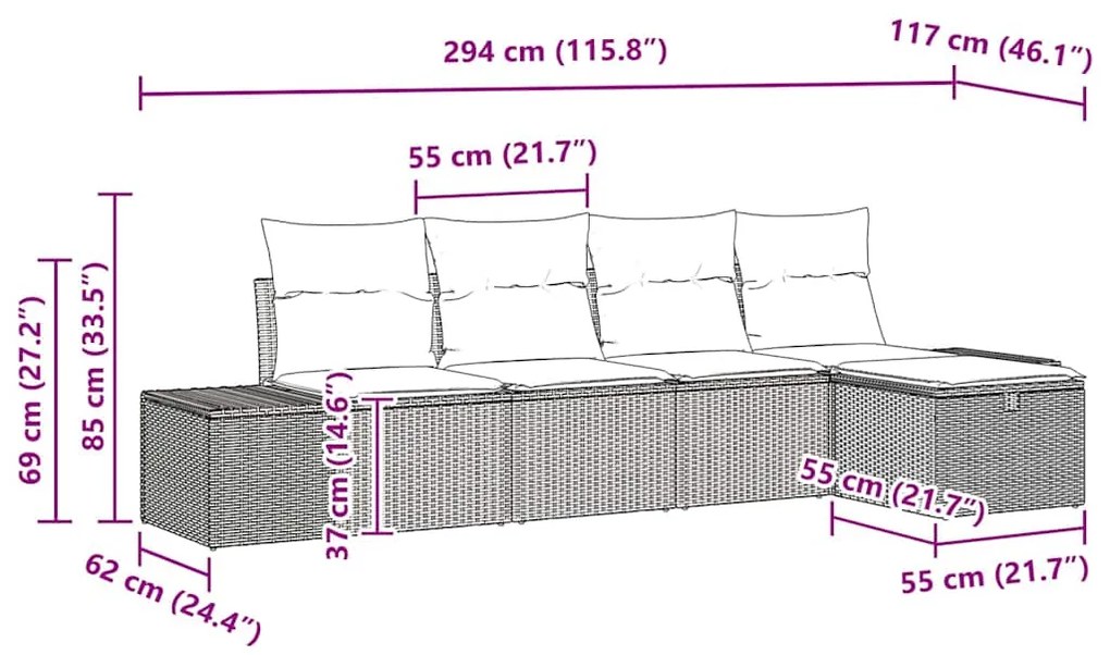 Conjunto de Sofás de Jardim 5 Peças com Almofadas Pretas em Rattan