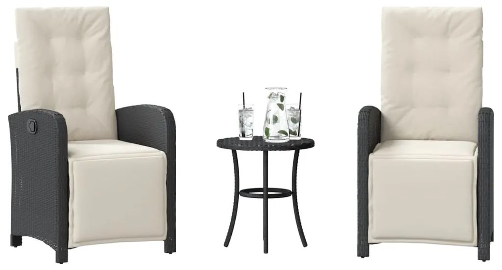 vidaXL 3 pcs conjunto de bistrô com almofadões vime PE preto