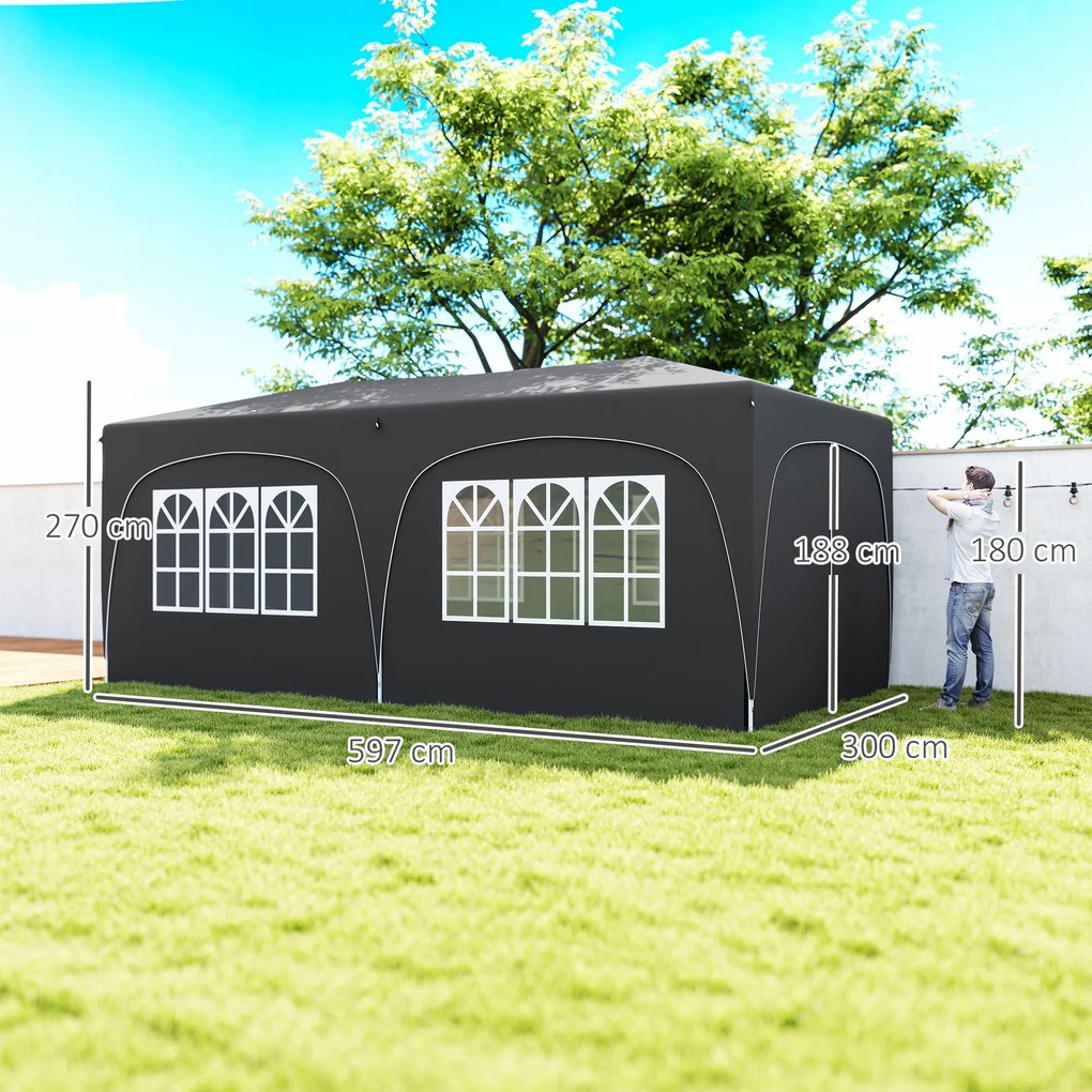 Tenda Dobrável 3x6 m com Painéis Laterais UPF50+ Tenda de Jardim com Altura Ajustável e Bolsa de Transporte Cinza Escuro