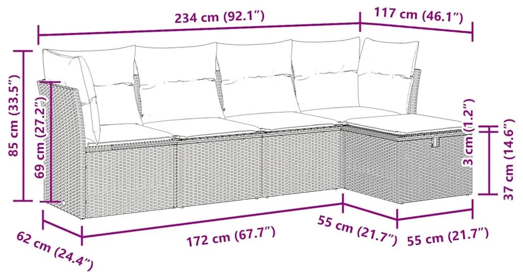 5 pcs conjunto sofás p/ jardim c/ almofadões vime PE castanho
