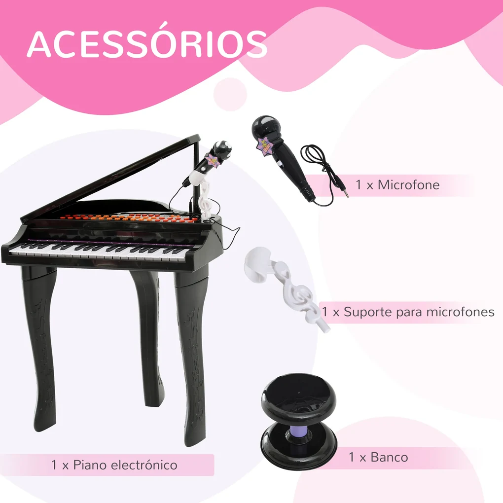 Piano infantil 37 Teclas com Microfone Banquinho Luzes e 22 Canções US