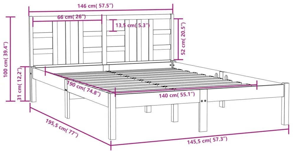 Estrutura de cama 140x190 cm madeira maciça