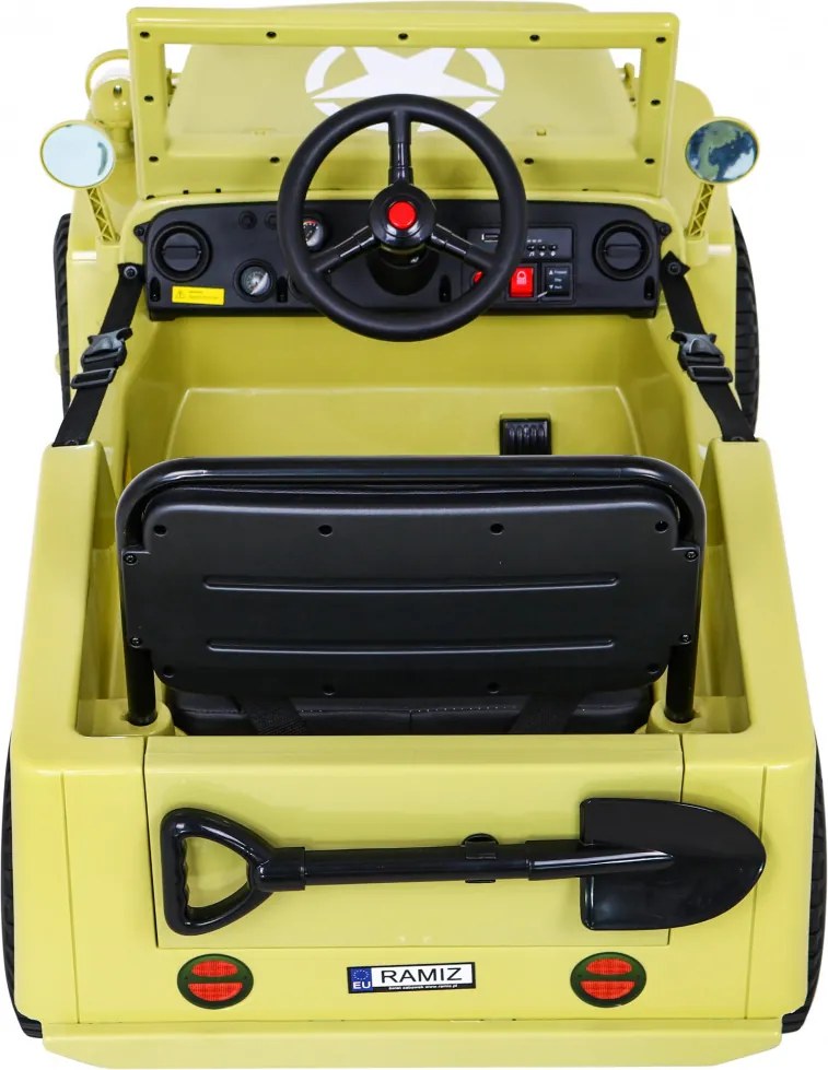 Jipe Militar elétrico para Crianças Retro Military, 12V 4x4, Rodas Espuma EVA, assento couro ecológico Bege