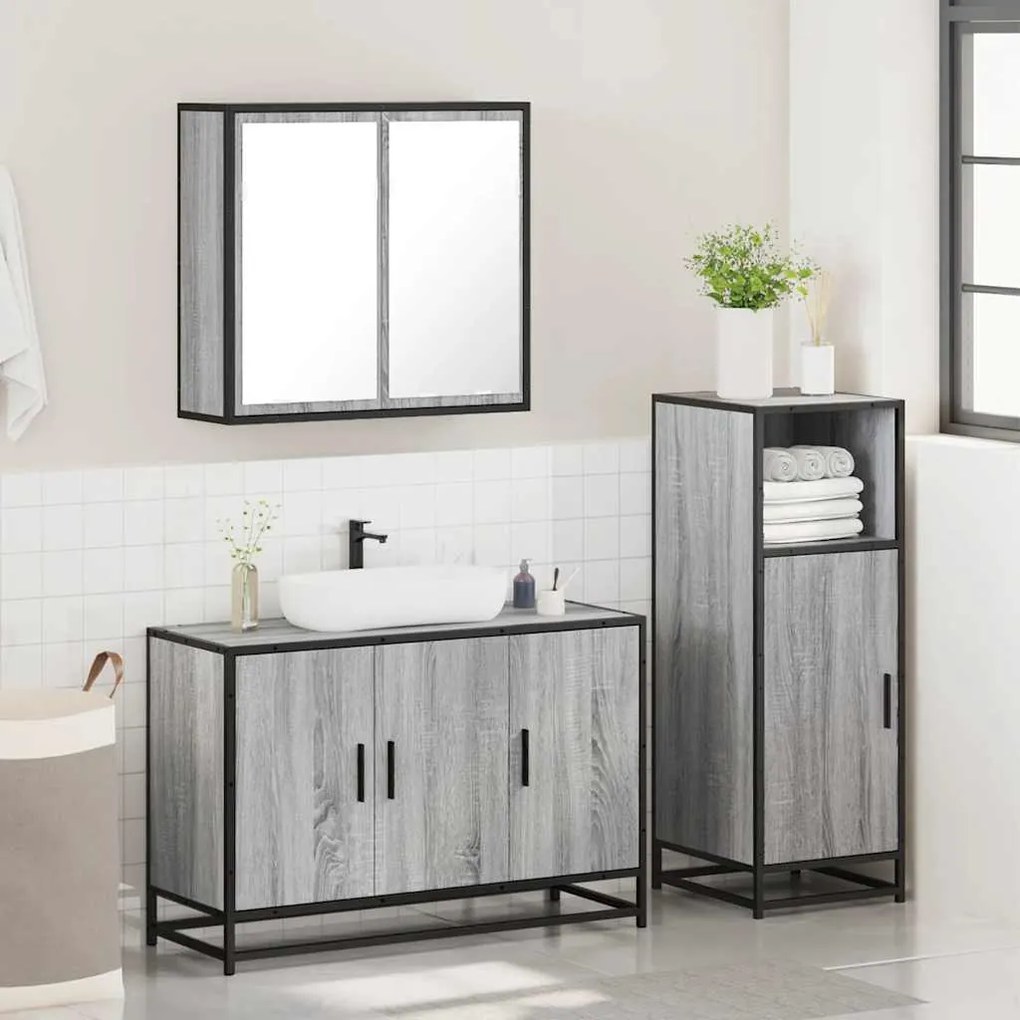 3 pcs Conjunto móveis casa de banho madeira proc. cinza sonoma