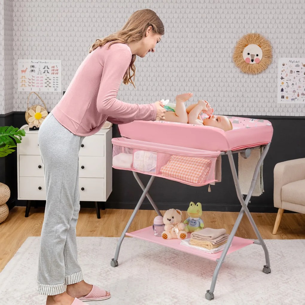 Mesa muda-fraldas para crianças com rodas dobráveis com fecho Mesa Trocador com cesto grande 93 x 68 x 103 cm Rosa