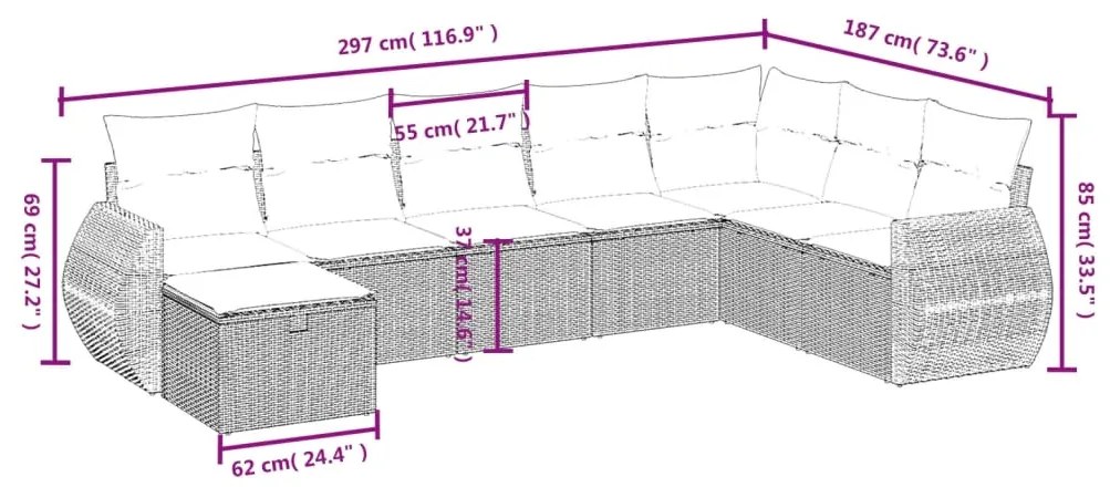 8 pcs conjunto sofás de jardim c/ almofadões vime PE castanho