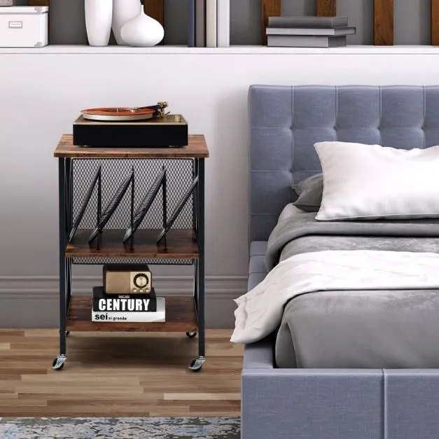Mesa Auxiliar 3 Níveis para Discos vinil 52 x 45 x 75 cm Suporte de Armazenamento de Vinil 3 Divisórias Castanho