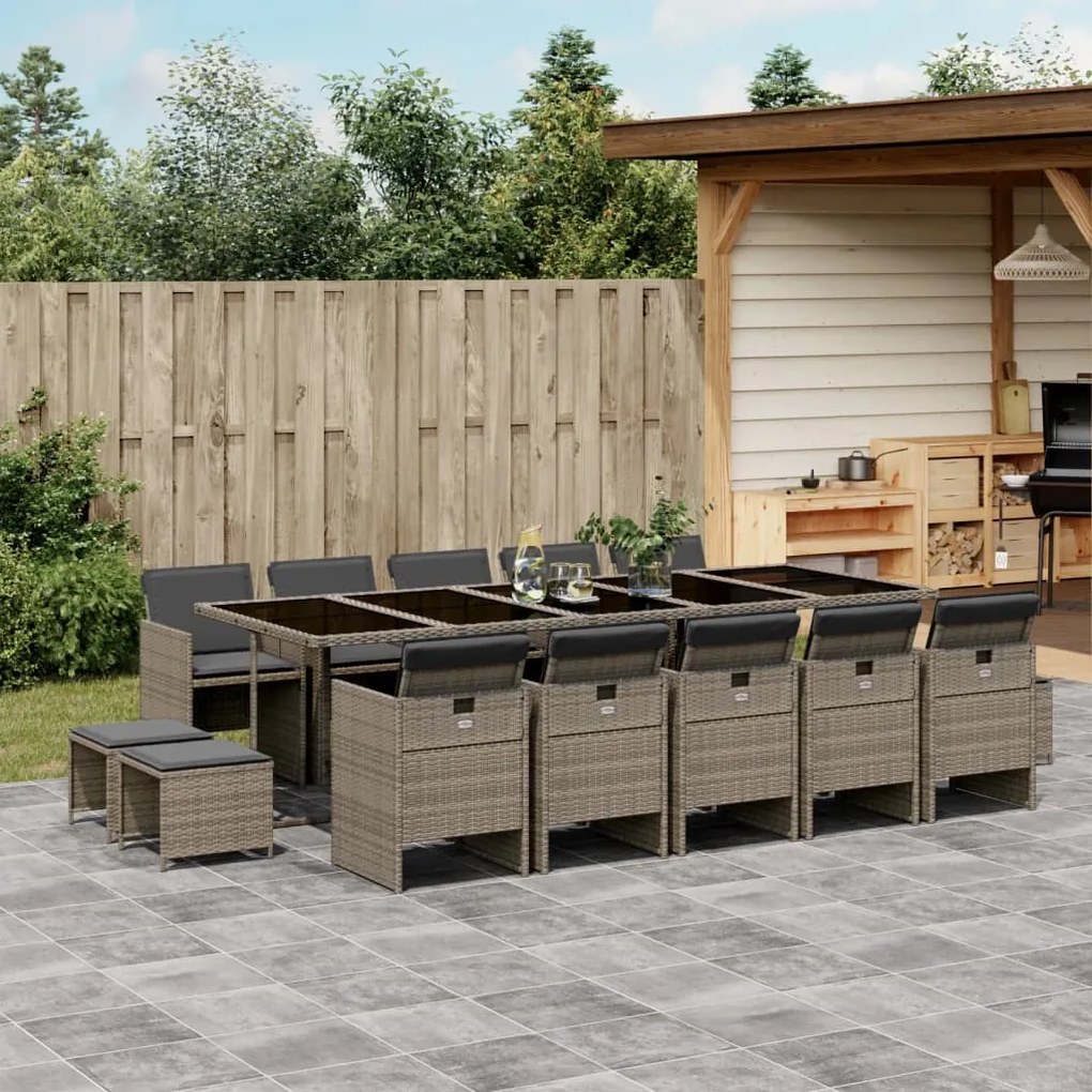 vidaXL 15 pcs conjunto jantar p/ jardim c/ almofadões vime PE cinzento