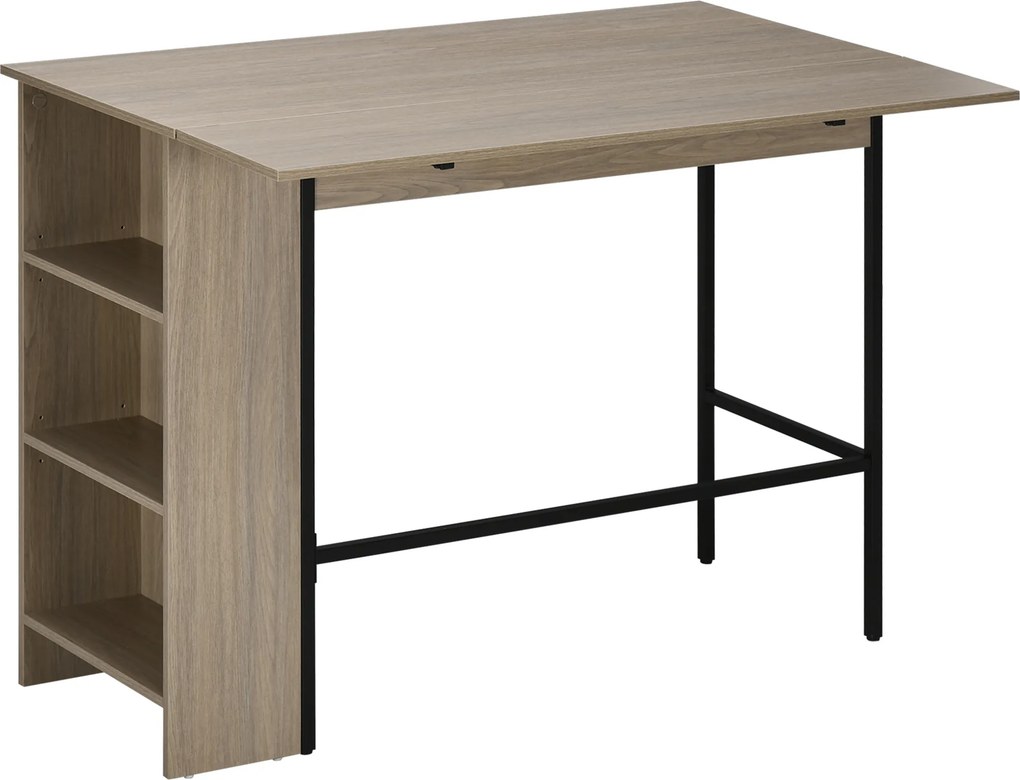 Mesa com ilha central (BANCOS NÃO INCLUIDOS), tampo lateral rebatível e 3 prateleiras, 120 x 76 x 91,4 cm, cinzento claro