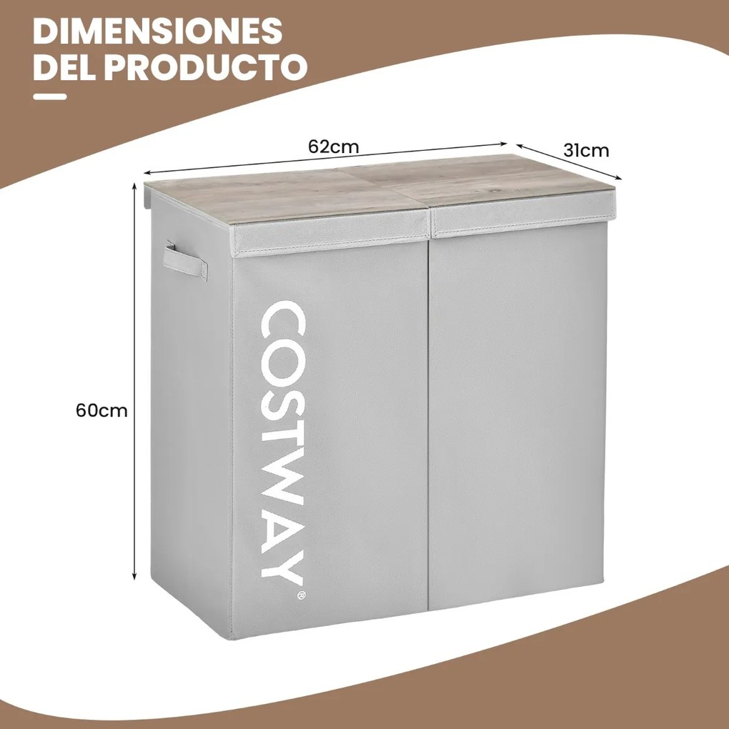 Cesto de Roupa suja com Tampa 115 L Cesto de Roupa com 2 Secções para Lavandaria Casa de Banho Quarto 62 x 31 x 60 cm Cinzento