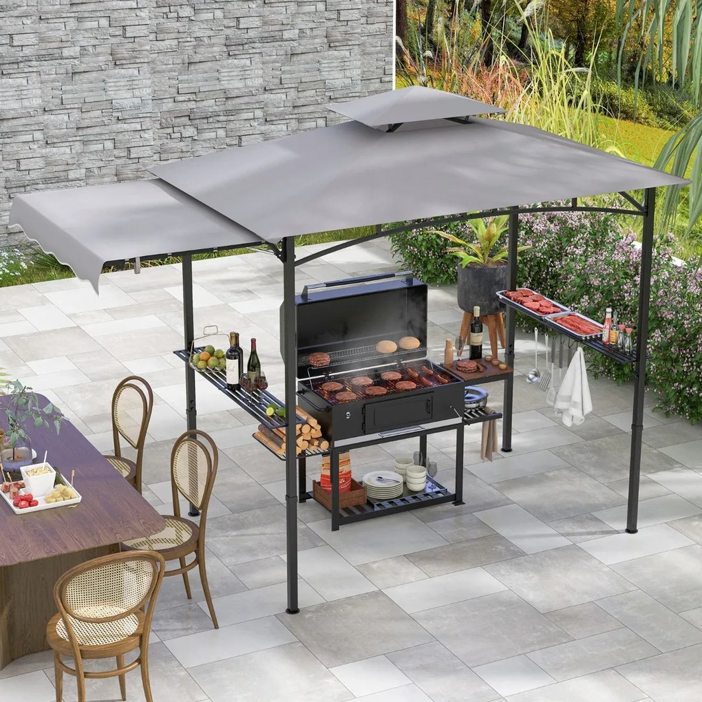 Tenda pérgula jardim para churrasco (Não incluido) de 318 x 153 cm com 2 prateleiras laterais Estrutura metálica Cinzenta