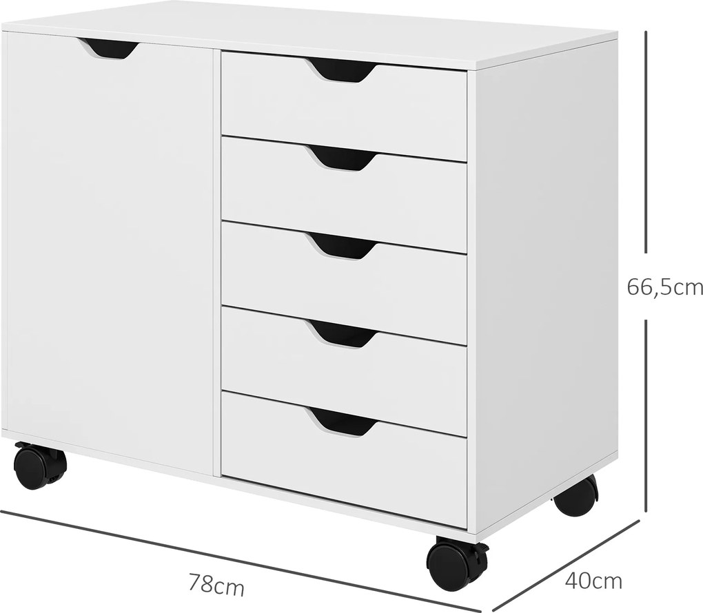 Móvel de arrumação para escritório com 5 gavetas, 1 porta, prateleira ajustável e rodas, 78 x 40 x 66,5 cm, branco