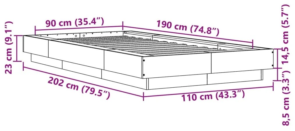 Estrutura cama 90x190 cm derivados de madeira carvalho fumado