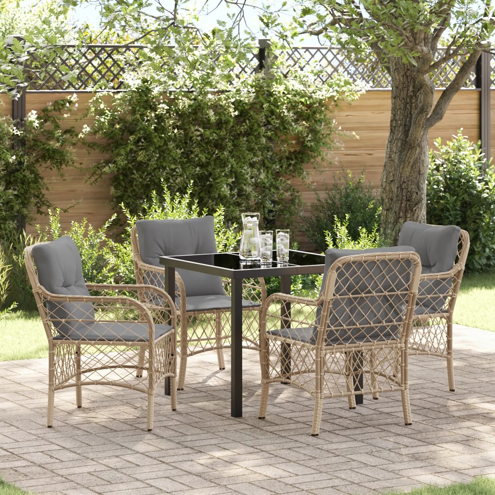 Conjunto de Jantar de Jardim de 5 Peças com Almofadas Bege Vime Poliés