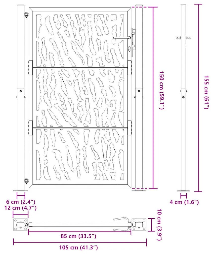 Portão de jardim 105x155 cm projeto de traço de aço preto