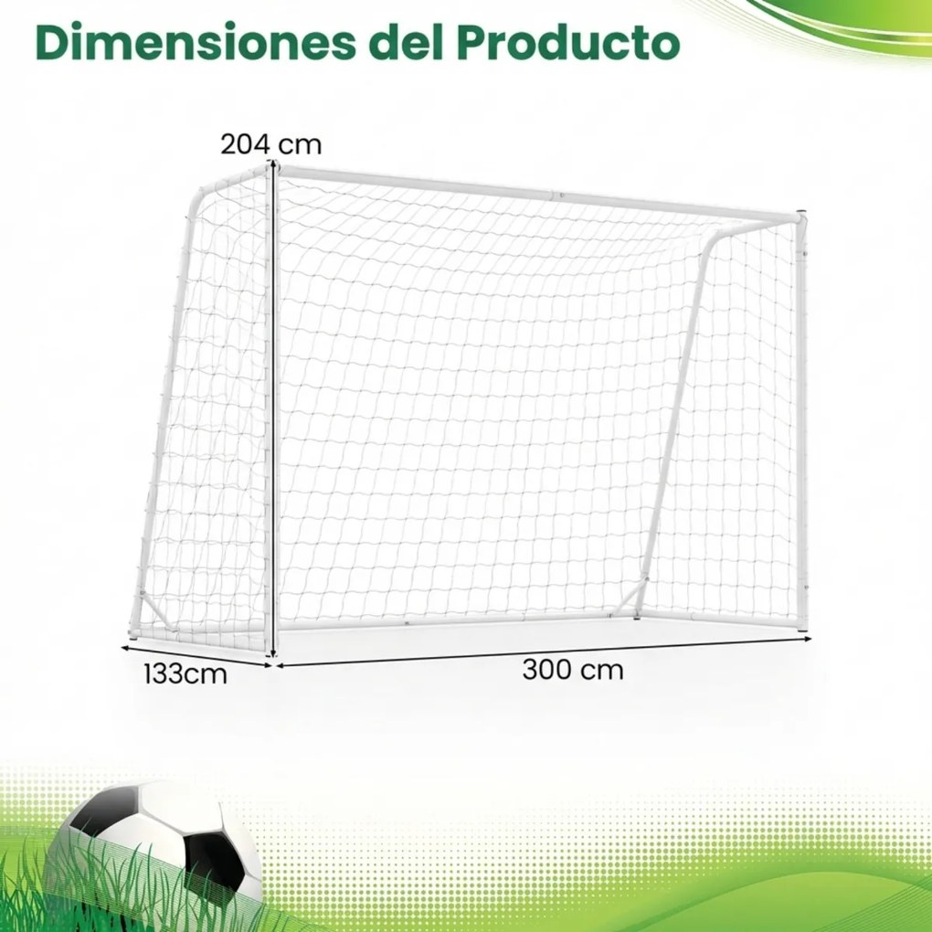 Baliza de futebol 300 x 204 cm para exterior com rede de PE, Estrutura metálica, 8 estacas e 16 abraçadeiras para treino futebol Branca