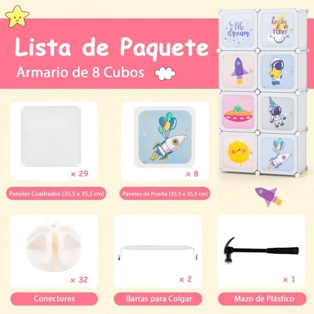 Guarda roupa infantil portátil 71 x 35,5 x 142 cm com 8 cubos com 2 secções para pendurar roupa 71 x 35,5 x 142 cm Branco