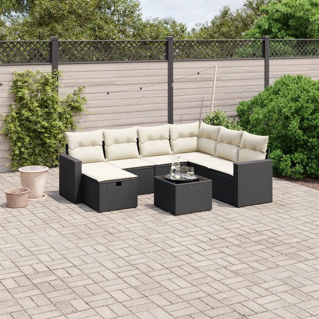 8 pcs conjunto sofás de jardim com almofadões vime PE preto