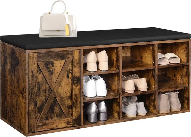 Banco arrumação para sapatos 30 x 110 x 48 cm, com almofada acolchoada e 9 compartimentos castanho