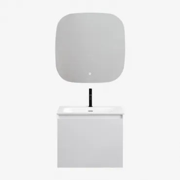 Conjunto De Móvel De Casa De Banho Suspenso Em Madeira Com Lavatório Integrado Macrae Branco & Quadrado Led E Anti-embaciamento 75x75 Cm - Sklum