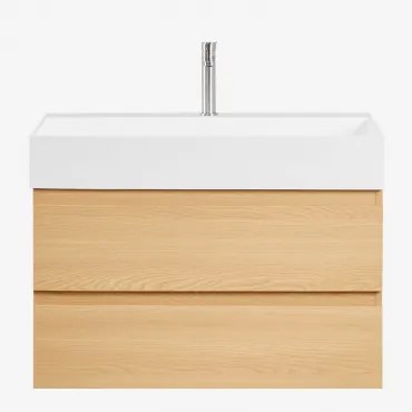 Conjunto De Móvel De Casa De Banho Suspenso Em Madeira E Folha De Freixo Com Lavatório Integrado Ona Madeira Natural & Sem Espelho - Sklum