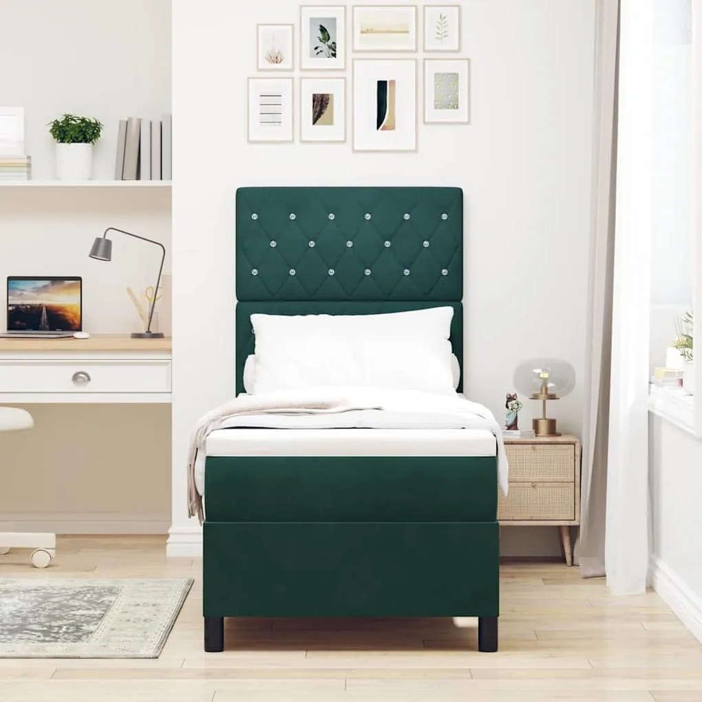 Cama Box Spring vidaXL com Colchão e LED Verde Escuro 80x200 cm Veludo