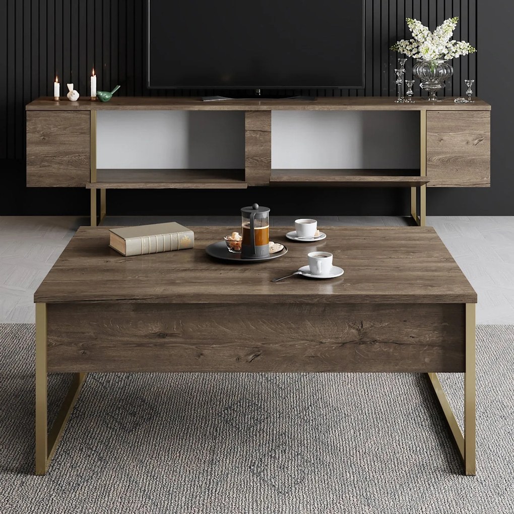 Conjunto de Mobiliário de Sala Luxe Set – Nogueira e Dourado – TV Stan