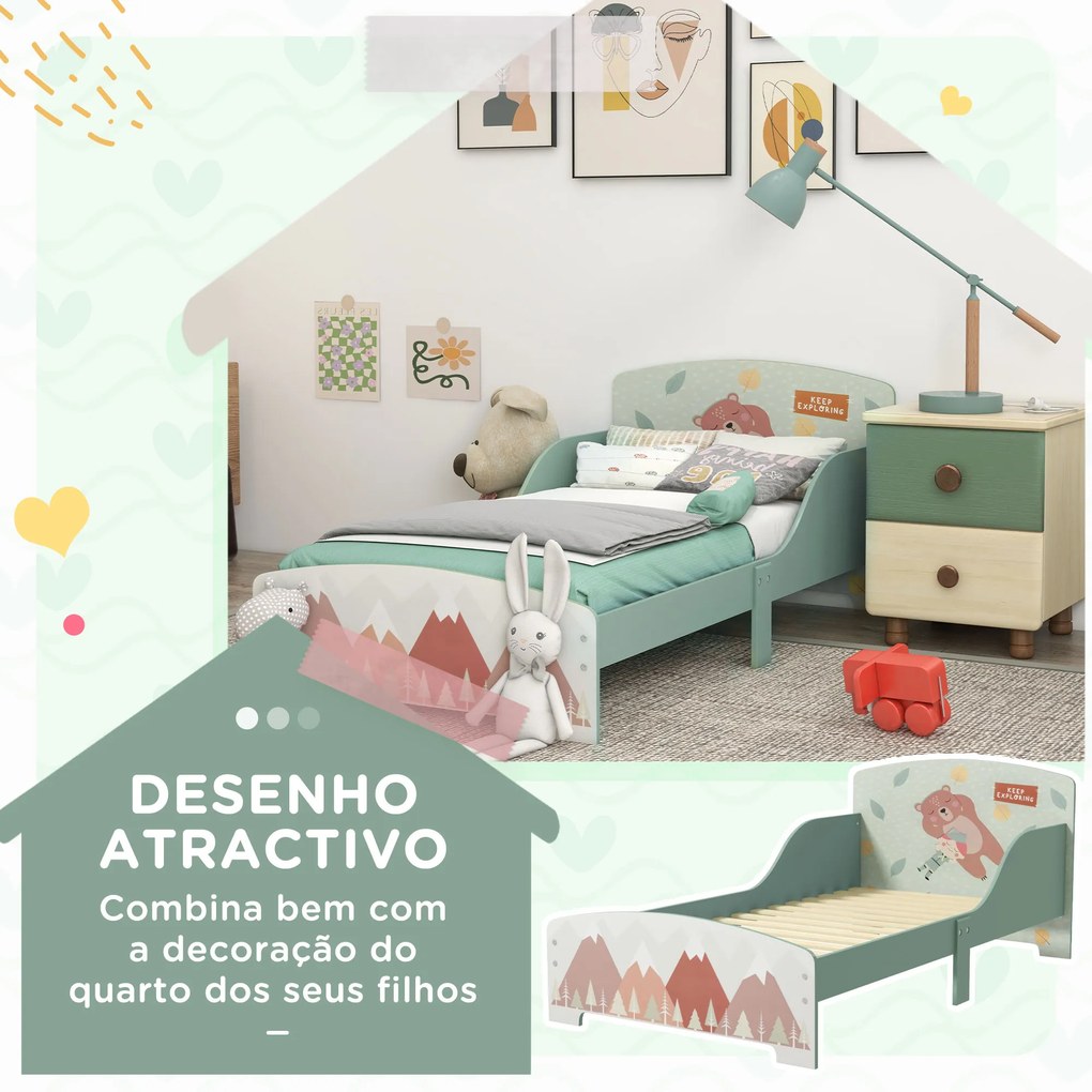 Cama para Crianças de Madeira com Barreira de Proteção e Estampados Carga Máx. 40 kg 77x143x60 cm Verde
