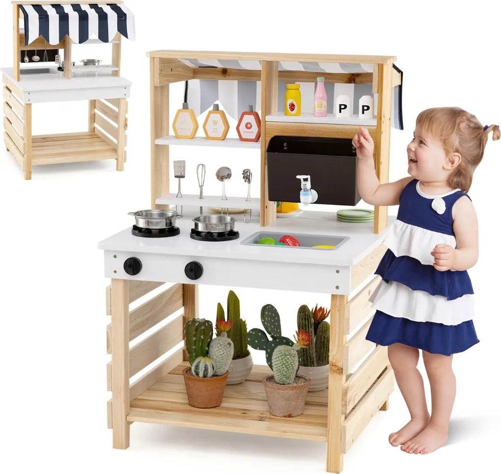 Cozinha para brincar de madeira 2 em 1 58 x 56 x 87 cm com tampa, pia removível, caixa de água e torneira, 6 acessórios de cozinha, natural e branco