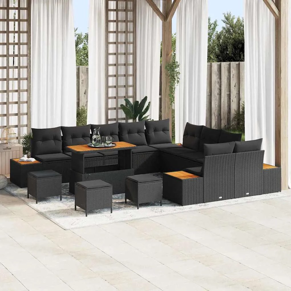vidaXL Conjunto de Sofás de Jardim com 14 Peças e Almofadas - Preto, Rattan Sintético e Acácia.