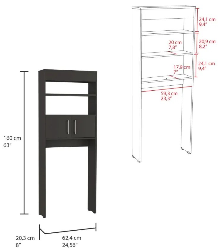 Armário casa de banho sobre a Sanita Madrid, com portas e prateleiras abertas externas, 160 cm a x 20,3cm e x 62,4cm L, Preto