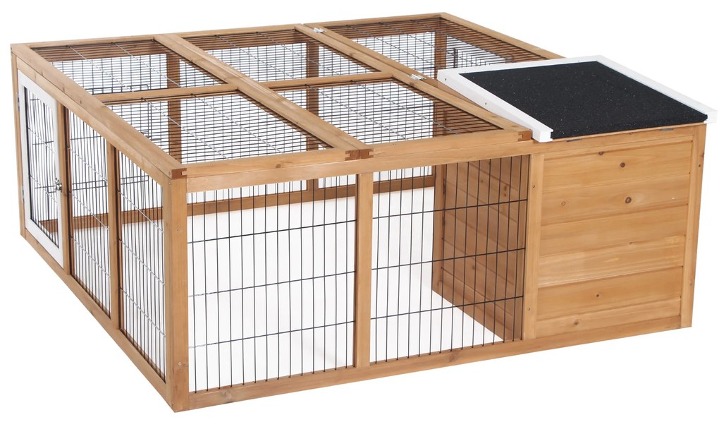 PawHut Coelheira de Exterior Gaiola para Coelhos Porquinho da India Animais Pequenos com 2 Portas Superiores e Teto Asfáltico Dobrável 123x120x52cm Madeira Natural