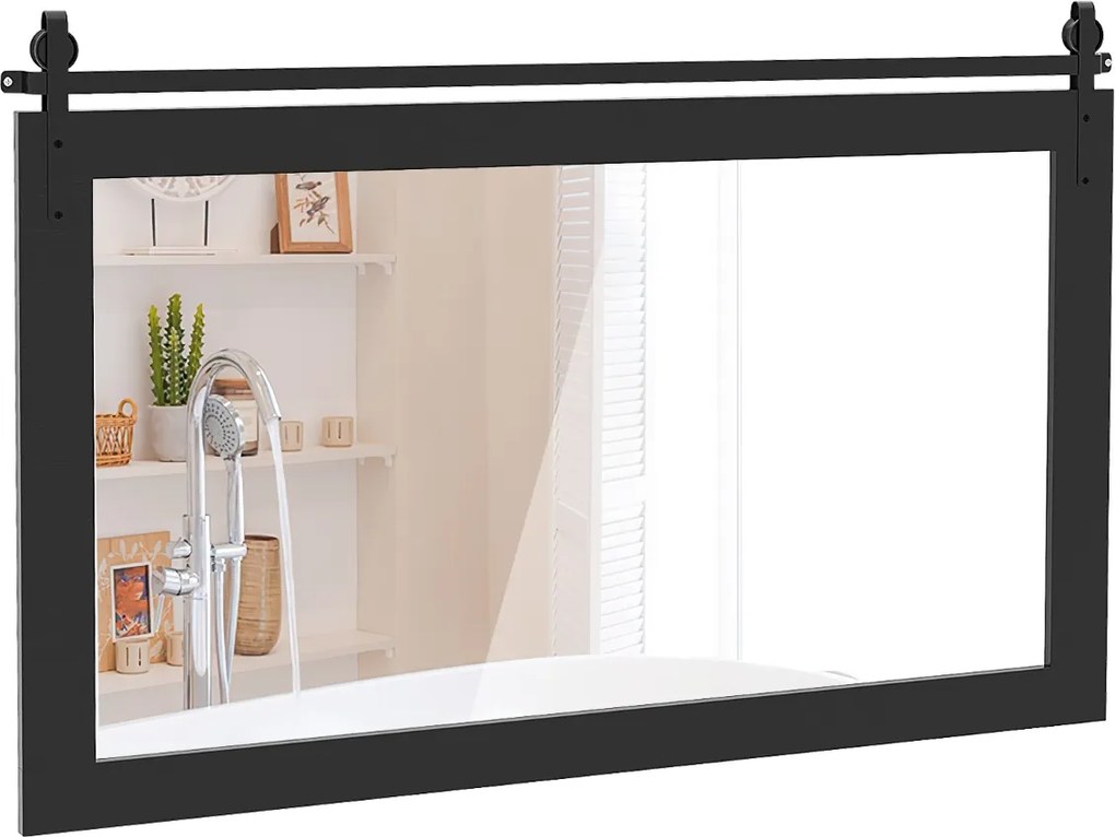 Espelho de parede estilo rústico 100 x 66 cm, retangular, com porta tipo celeiro, moldura em madeira maciça e suporte metálico, para quarto ou entrada