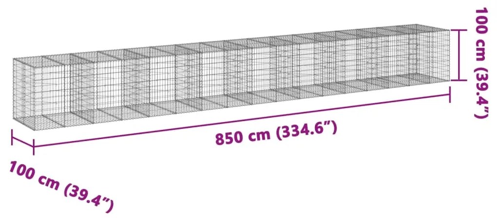 Cesto gabião com cobertura 850x100x100 cm ferro galvanizado