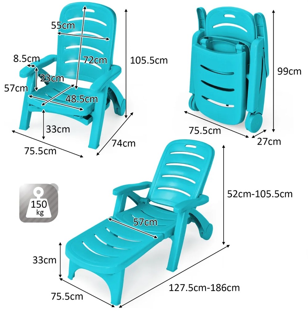 Espreguiçadeira dobrável para jardim, cadeira reclinável ajustável ao ar livre com rodas resistentes em 5 posições, pátio, piscina, praia, verde