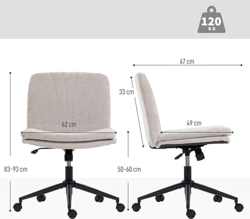 Cadeira de Escritório com Assento Largo sem Apoios de Braço Rodas Altura Ajustável Giratória Função Basculante 62x67x83-93 cm Bege