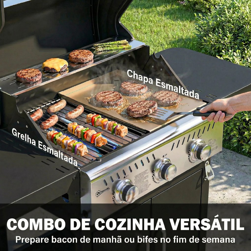 Grelhador a Gás Portátil com 3 Queimadores 7,5 kW Termómetro Mesas Laterais Dobráveis Armário Grelha Aquecedora Chapa 125x57x110 cm Preto