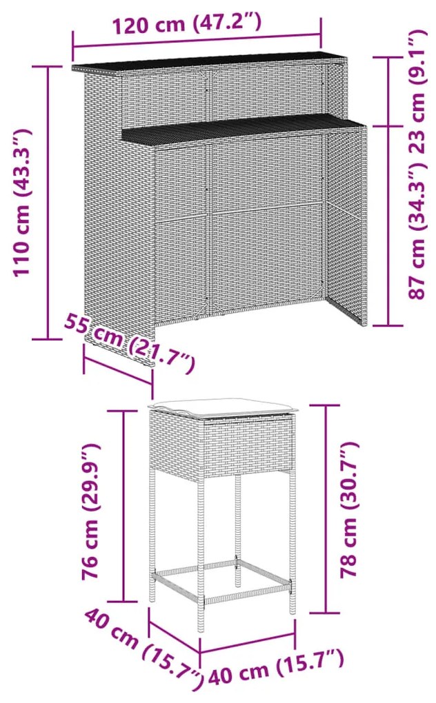 5 pcs conjunto de bar p/ jardim c/ almofadões vime PE cinzento